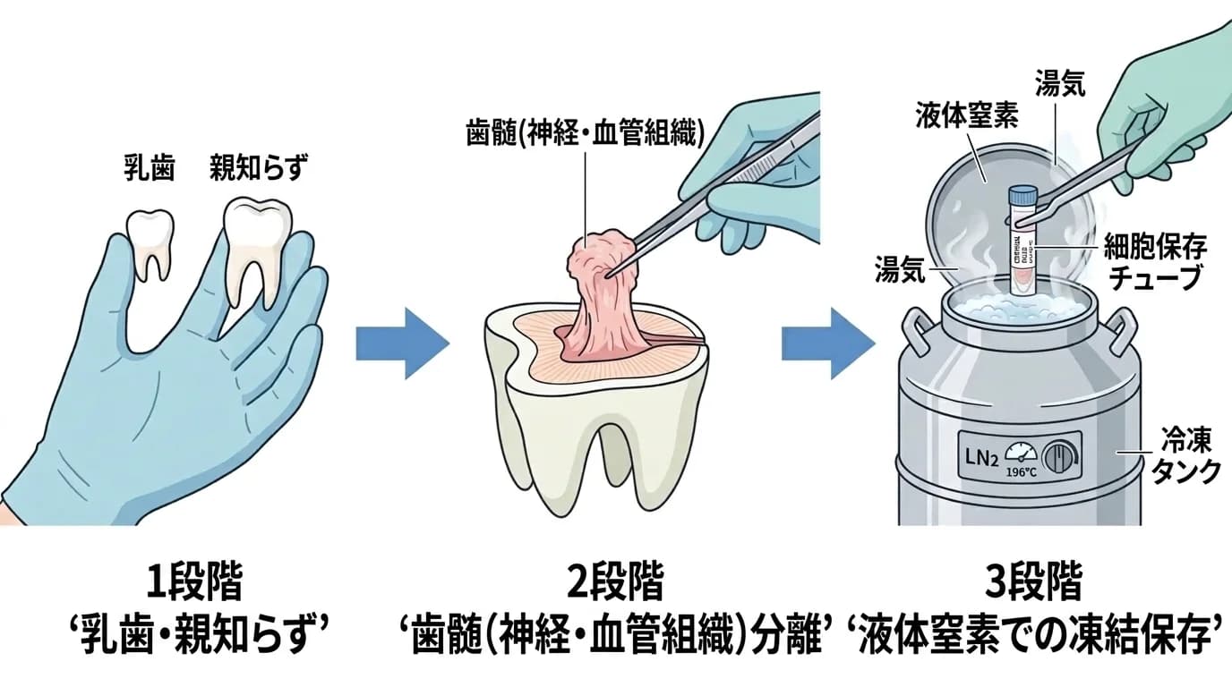 乳歯や親知らずから歯髄組織を分離し、細胞保存チューブに入れて液体窒素の冷凍タンクに保管するまでの3段階の過程を示した図