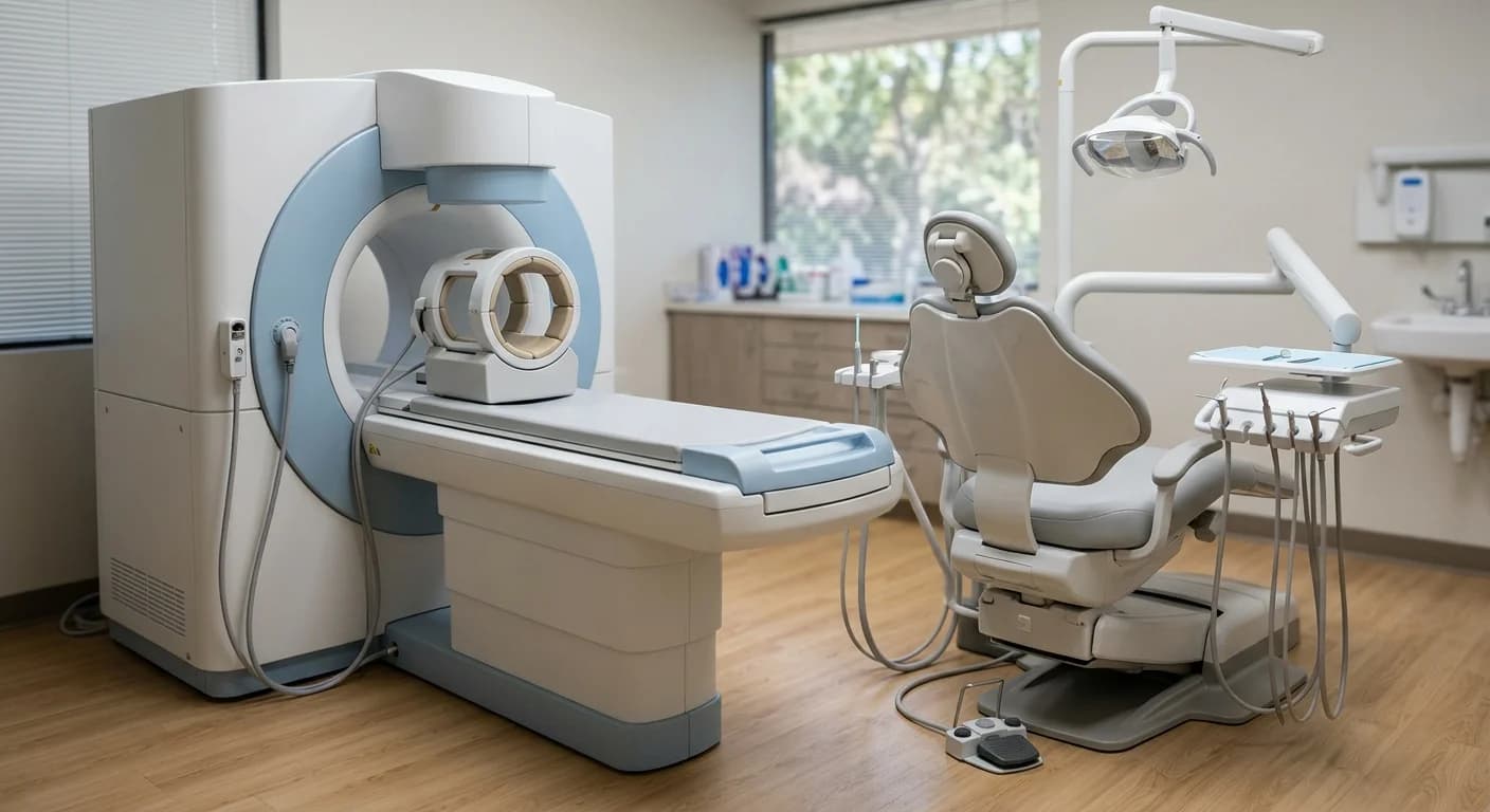 歯科診療室で診療チェアと並んで設置された小型MRIスキャナー装置の写真