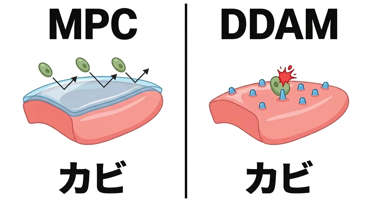 水の膜でカビを滑らせて防ぐMPCと、接触して殺すDDAMの仕組みを並べて示した図