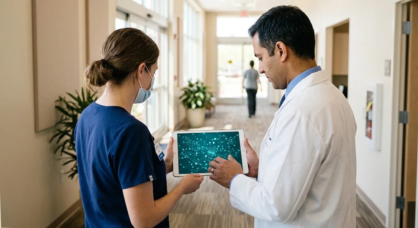 歯科用の服装をした医療従事者と白衣を着た医療従事者が、タブレットに映るネットワーク接続の図を一緒に見ている様子