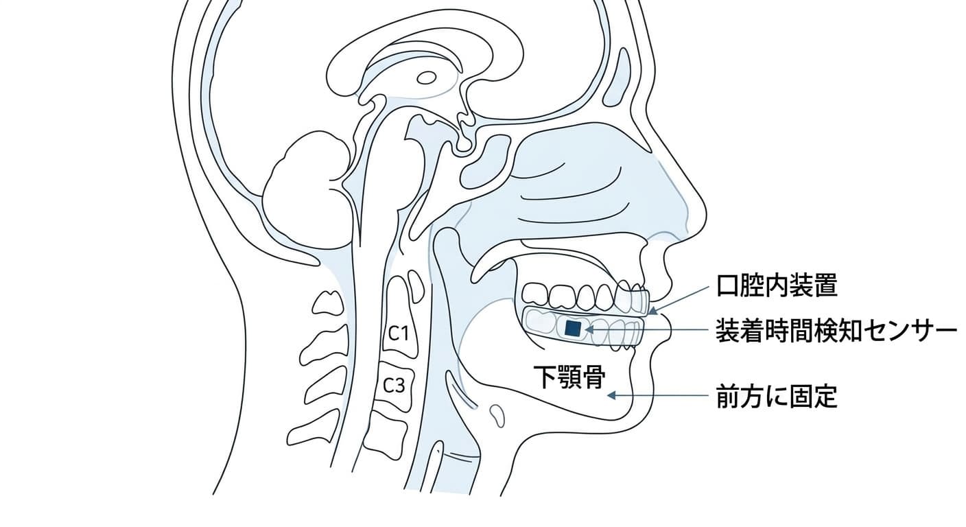 下顎前方移動装置の構造を側面から見た図解。上下の顎の間に装置を装着し、内側に装着時間を測るセンサーを内蔵しており、下顎を前方に固定する。