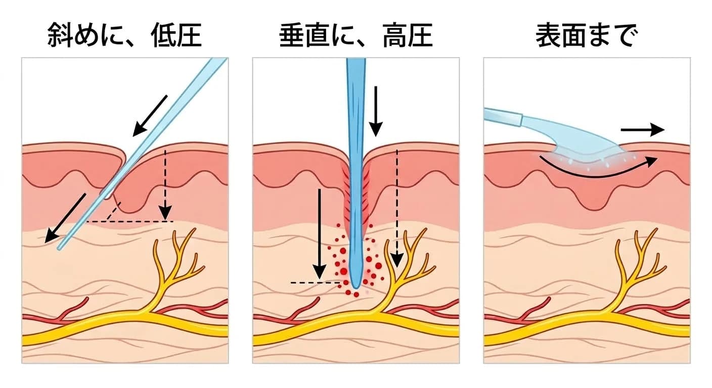 歯茎の粘膜に水流を噴射する角度と強さによる浸透深さの比較。斜めに低い圧力で噴射すると神経束の近くまで浅く到達し、垂直に高い圧力をかけると神経束まで深く入り込むが出血も伴い、圧力が弱いと粘膜表面付近までしか広がらず神経束には届かない