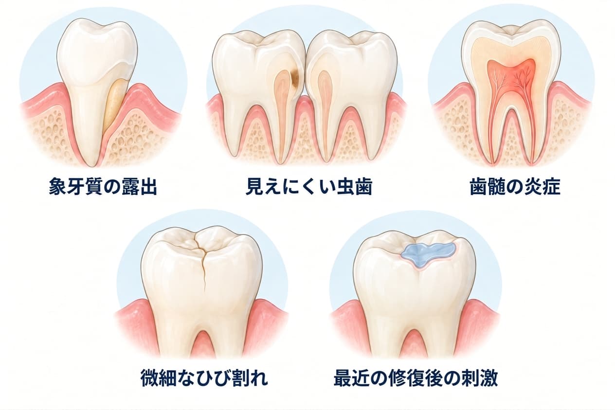象牙質の露出、見えにくい虫歯、歯髄の炎症、微細なひび割れ、最近の修復後の刺激を比較した図