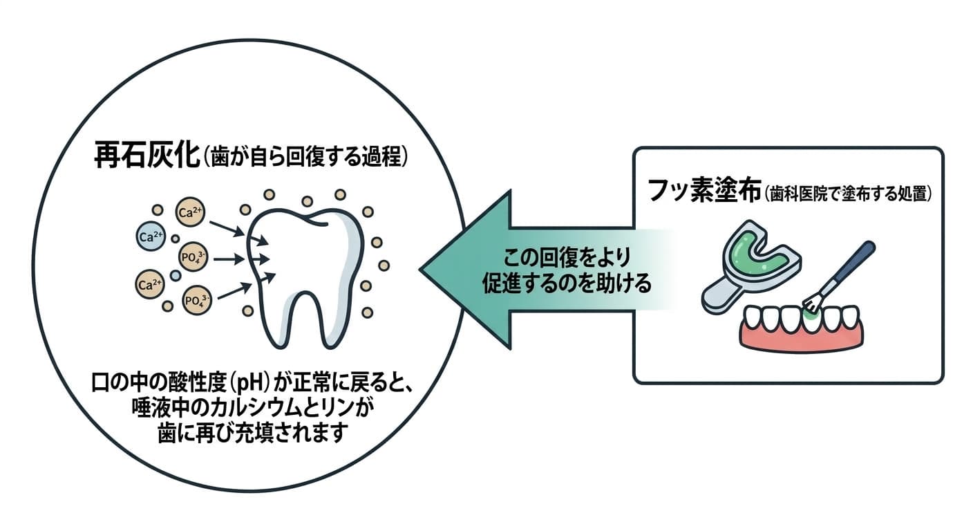 歯が自ら回復する再石灰化の過程と、それを助ける処置であるフッ素塗布との関係を矢印で示した図。左の円の中にはカルシウム・リンイオンが歯の表面に再び付着する再石灰化の過程が、右の箱の中には歯科医院でフッ素ジェルを塗布する様子が描かれており、フッ素塗布が再石灰化を助けるという矢印でつながれています。