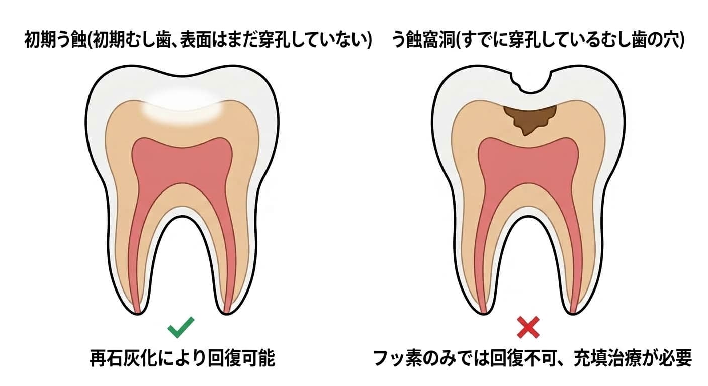初期のむし歯である白斑と、すでに穴が開いたむし歯であるう蝕窩洞を並べて比較した奥歯の断面図。左の白斑は表面が滑らかにつながっており、再石灰化で元に戻せることを示す緑のチェックマークがあり、右のう蝕窩洞は表面がくぼんで象牙質まで茶色く損傷しており、フッ素だけでは元に戻せないことを示す赤のバツ印があります。