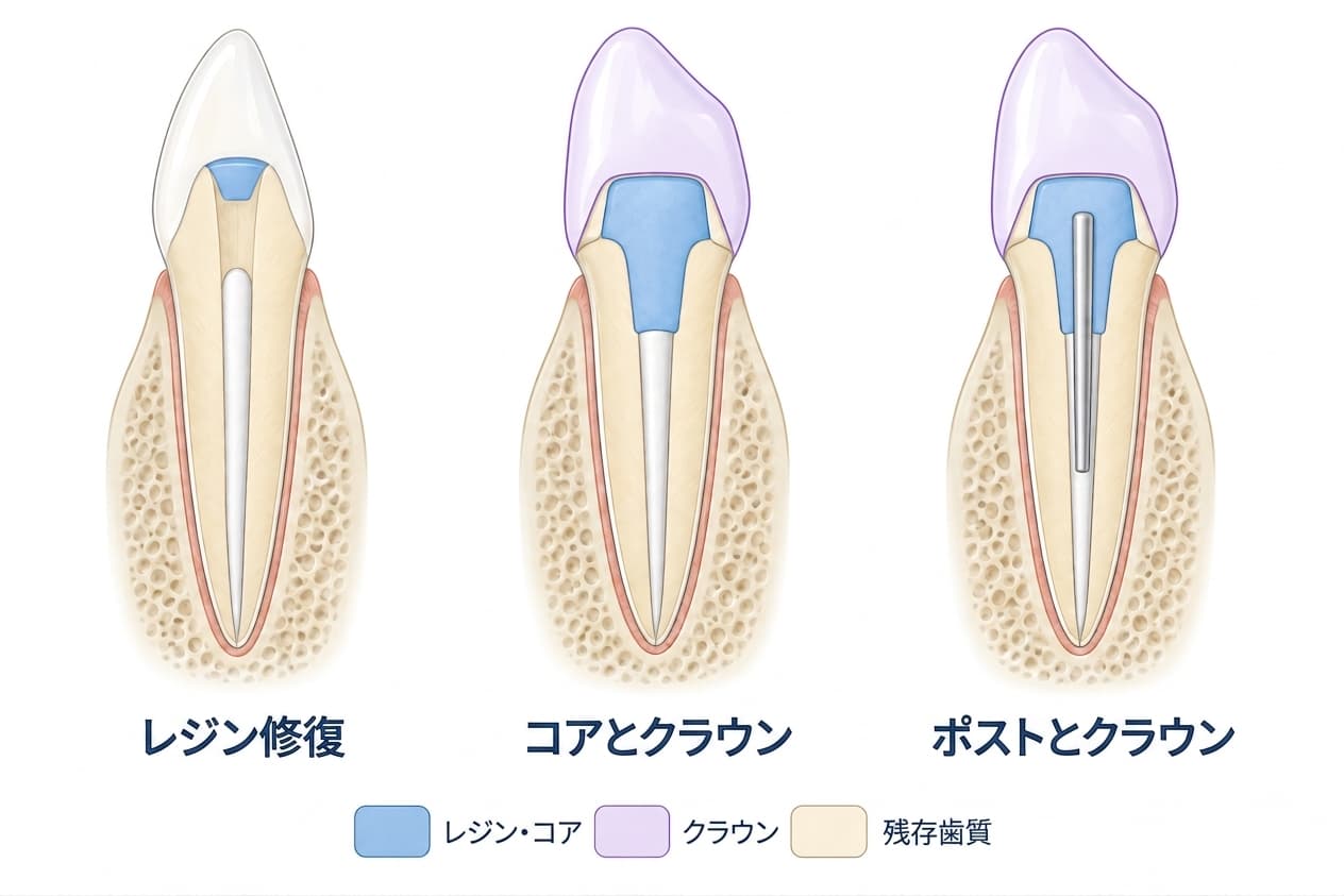 根管治療をした前歯のレジン修復、コアとクラウン、ポストとクラウンを比較した図