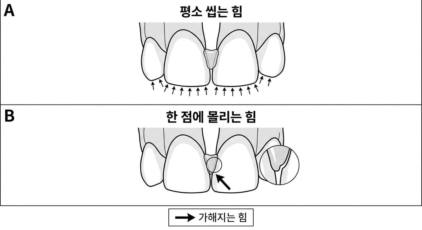 普段の咀嚼力は前歯の切縁全体に均等に分散されるが、硬いものを前歯で噛むとレジンで付け足した部位の接着境界の一点に力が集中し、微細な隙間が開くことがあることを比較した図