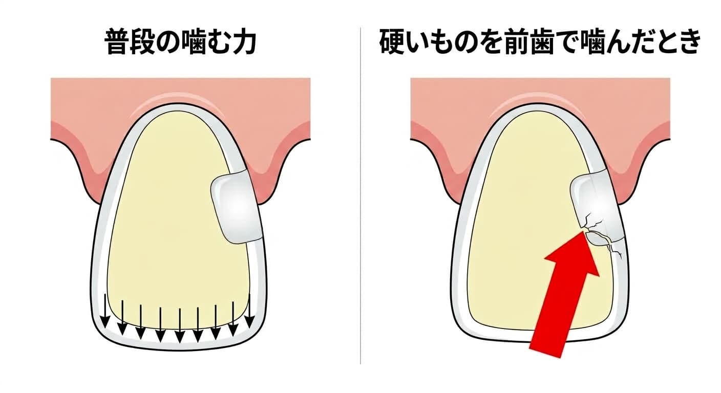 普段の噛む力は前歯の切端に均等に分散されるが、硬いものを前歯で噛むとレジンで詰めた部位の境界の一点に力が集中し、微細な隙間が生じる様子を比較した図