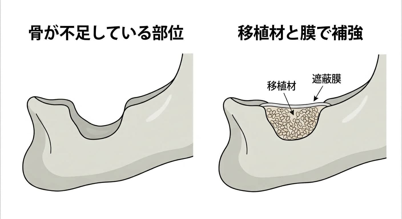 骨が不足している部位に移植材を満たし、遮蔽膜で覆って補強する過程を示した図