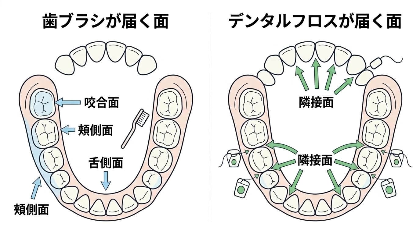 歯ブラシが届く面とデンタルフロスが届く面を比較した図。歯ブラシは咬合面・頬側面・舌側面に届き、デンタルフロスは歯と歯の間の隣接面に届く。