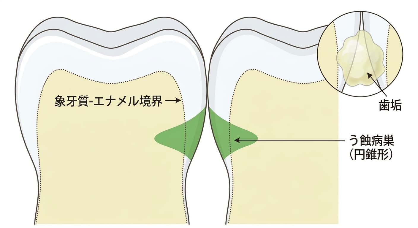 隣接面う蝕の進行形態。接触点の下に歯垢がたまった場所から始まり、エナメル質表面では広く、内側の象牙質-エナメル境界に向かうほど狭くなる円錐形に進行する