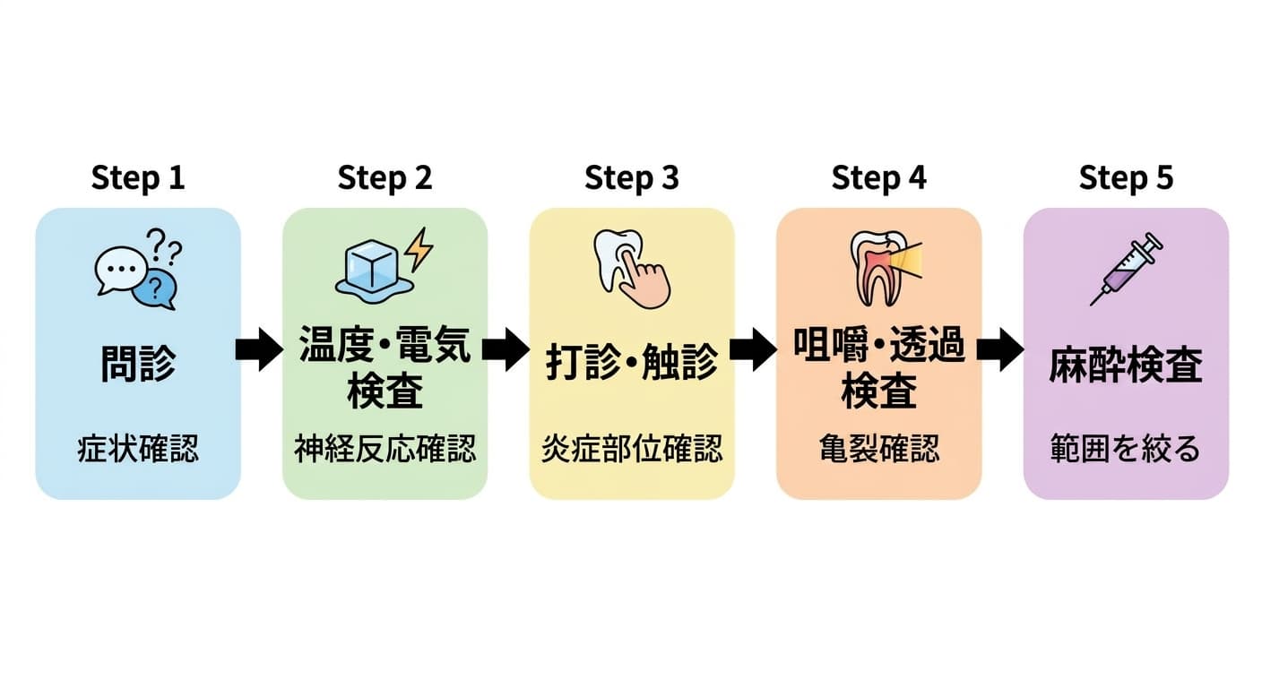 歯痛の原因歯を探すときに経る問診、温度・電気検査、打診・触診、咀嚼・透過検査、麻酔検査の5段階の流れ図