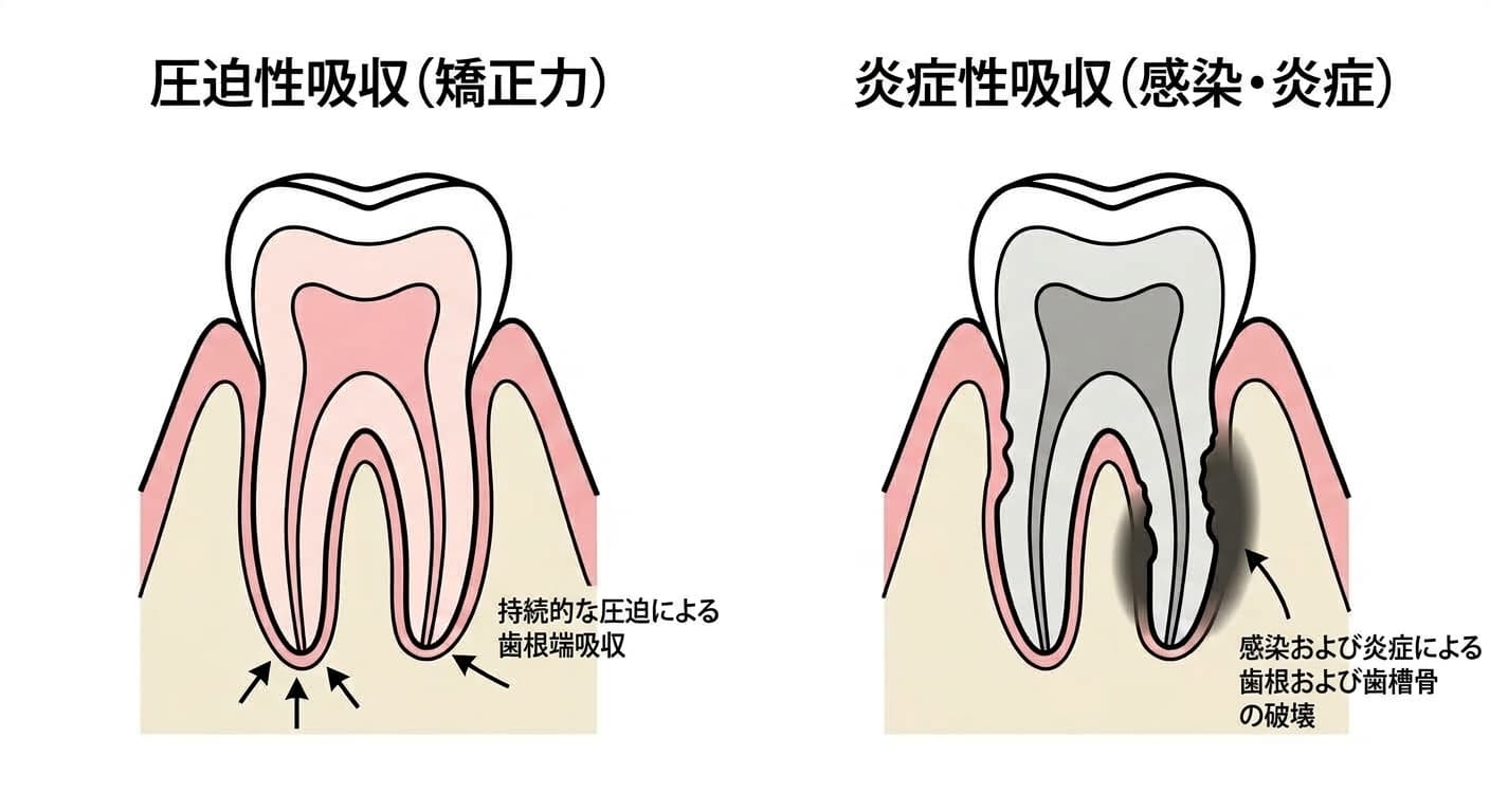 圧迫性吸収と炎症性吸収の歯の断面比較。左は矯正力によって歯根の先端が丸く鈍化して吸収された様子、右は感染と炎症によって歯根と周囲の歯茎の骨が共に不規則に吸収された様子を示す。