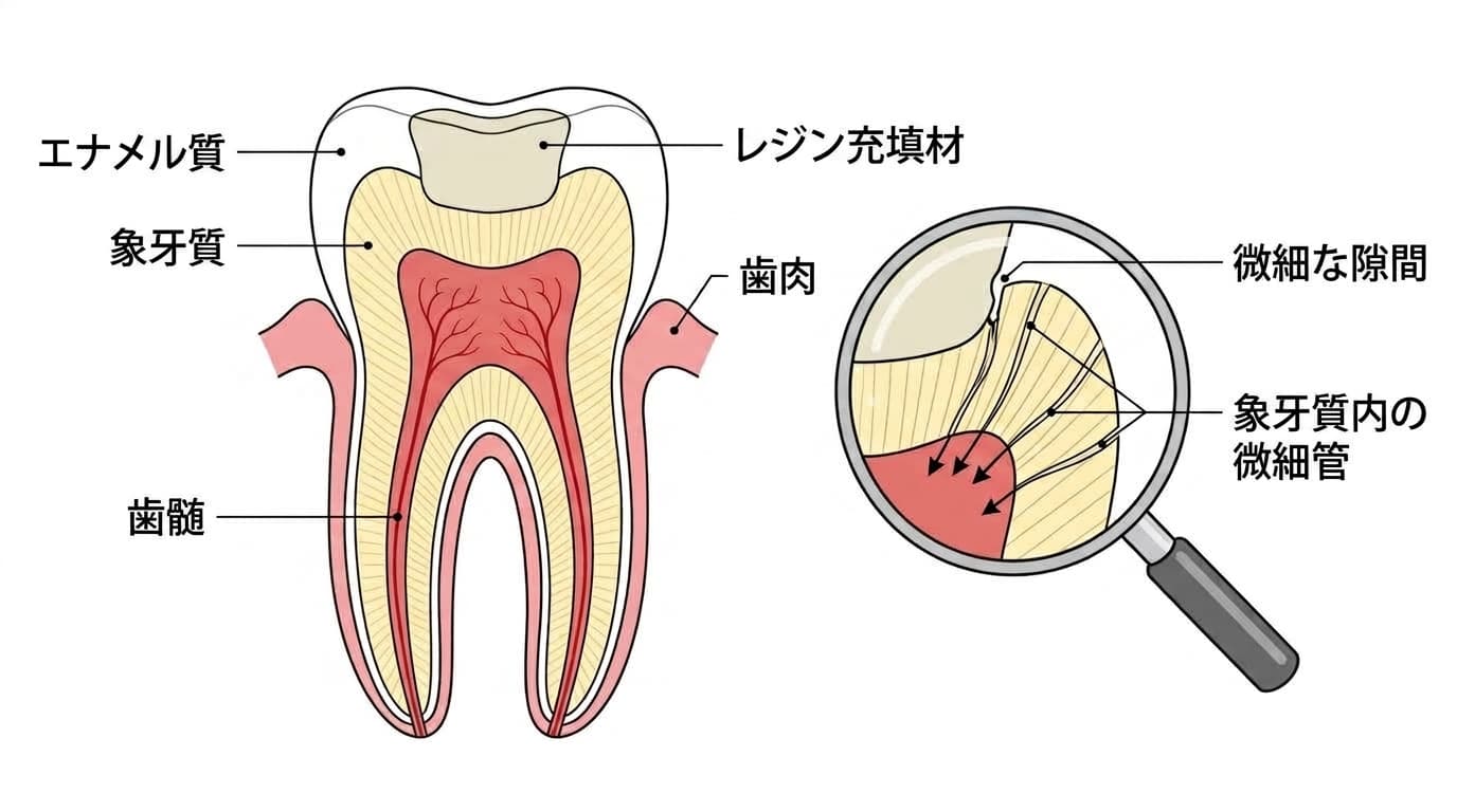 レジン充填材と歯の間の微細な隙間から、刺激が象牙質内の微細管を通って歯髄まで伝わる過程を示した図