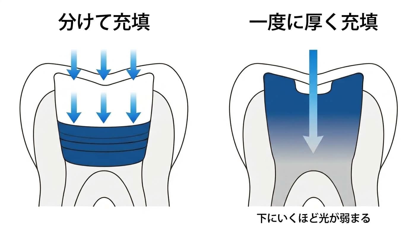 薄く分けて充填した層は光が均等に届き全体がしっかり硬化するが、一度に厚く充填した層は下にいくほど光が弱まり硬化が不十分になり得ることを比較した図