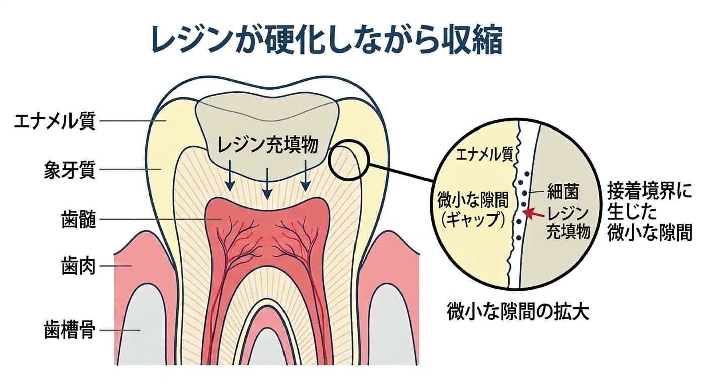レジンが硬化しながら収縮し、歯とレジンが接する境界に微小な隙間が生じ、その隙間から細菌が出入りし得ることを示す図