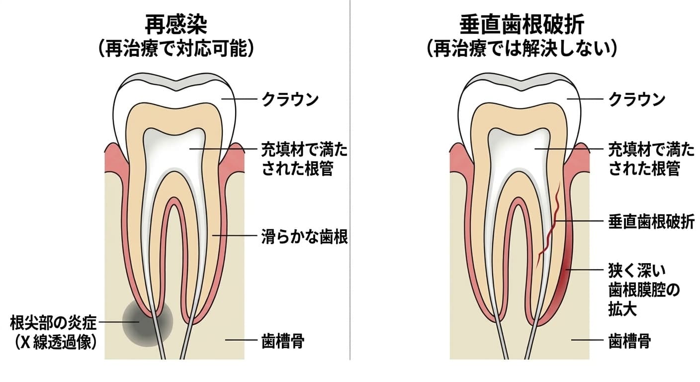 再感染で根の先端に炎症が生じた歯と、根が縦に割れた垂直歯根破折の歯を比較した断面図