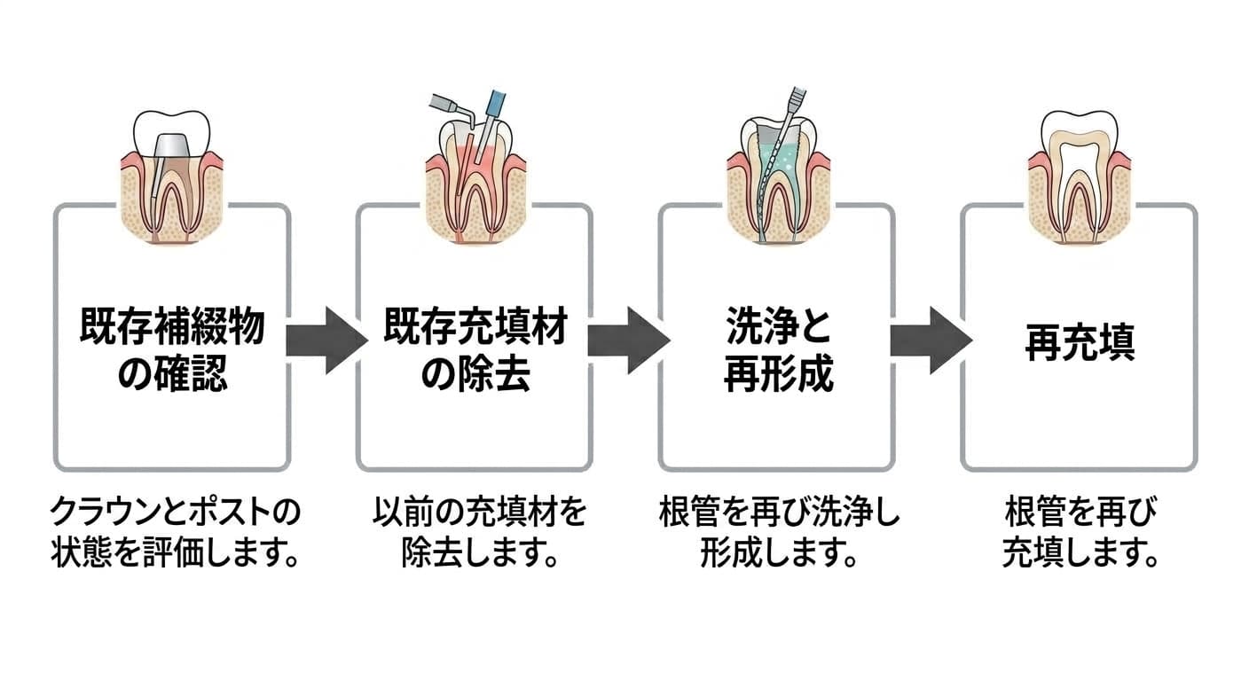 根管治療された歯を再治療する過程を、既存補綴物の確認、既存充填材の除去、洗浄と再形成、再充填の四段階で示した図
