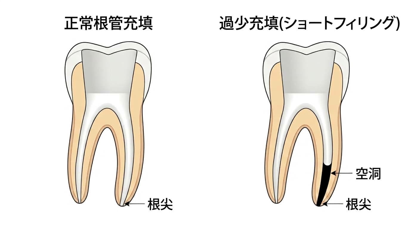 根管充填が根尖まで満たされた正常な充填と、充填が短く終わり根尖側に黒い空洞が残った過少充填を比較した歯の断面図