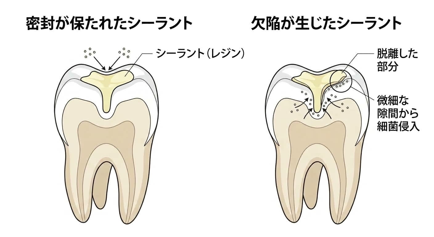 シーラントが溝を隙間なく埋めた状態と、一部が脱落したり微細な隙間から細菌が侵入したりする欠陥状態を比較した奥歯の断面図