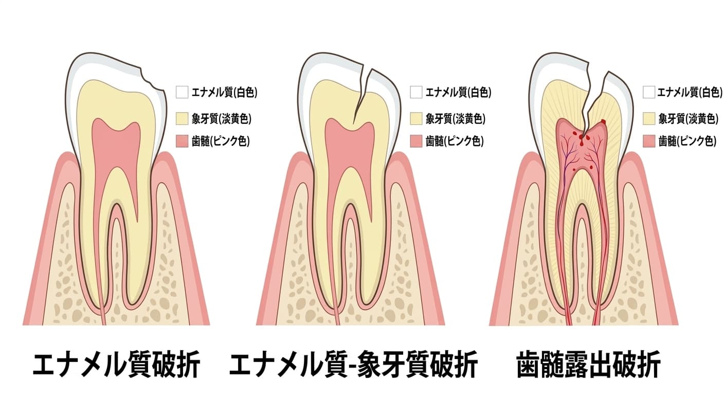 歯の断面をエナメル質破折、エナメル質-象牙質破折、歯髄露出破折の3段階で比較した図