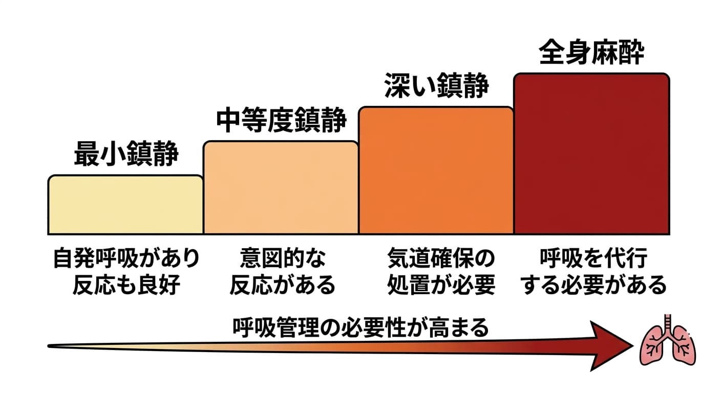 鎮静の段階が最小鎮静から中等度鎮静、深い鎮静、全身麻酔へと進むにつれて色が濃くなり、呼吸管理の必要性が高まることを示す階段状の図
