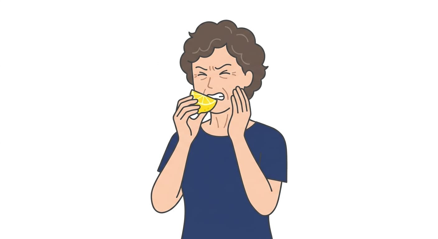 レモンのような酸っぱい果物を一口かじり、顔をしかめながら手で頬を押さえる人