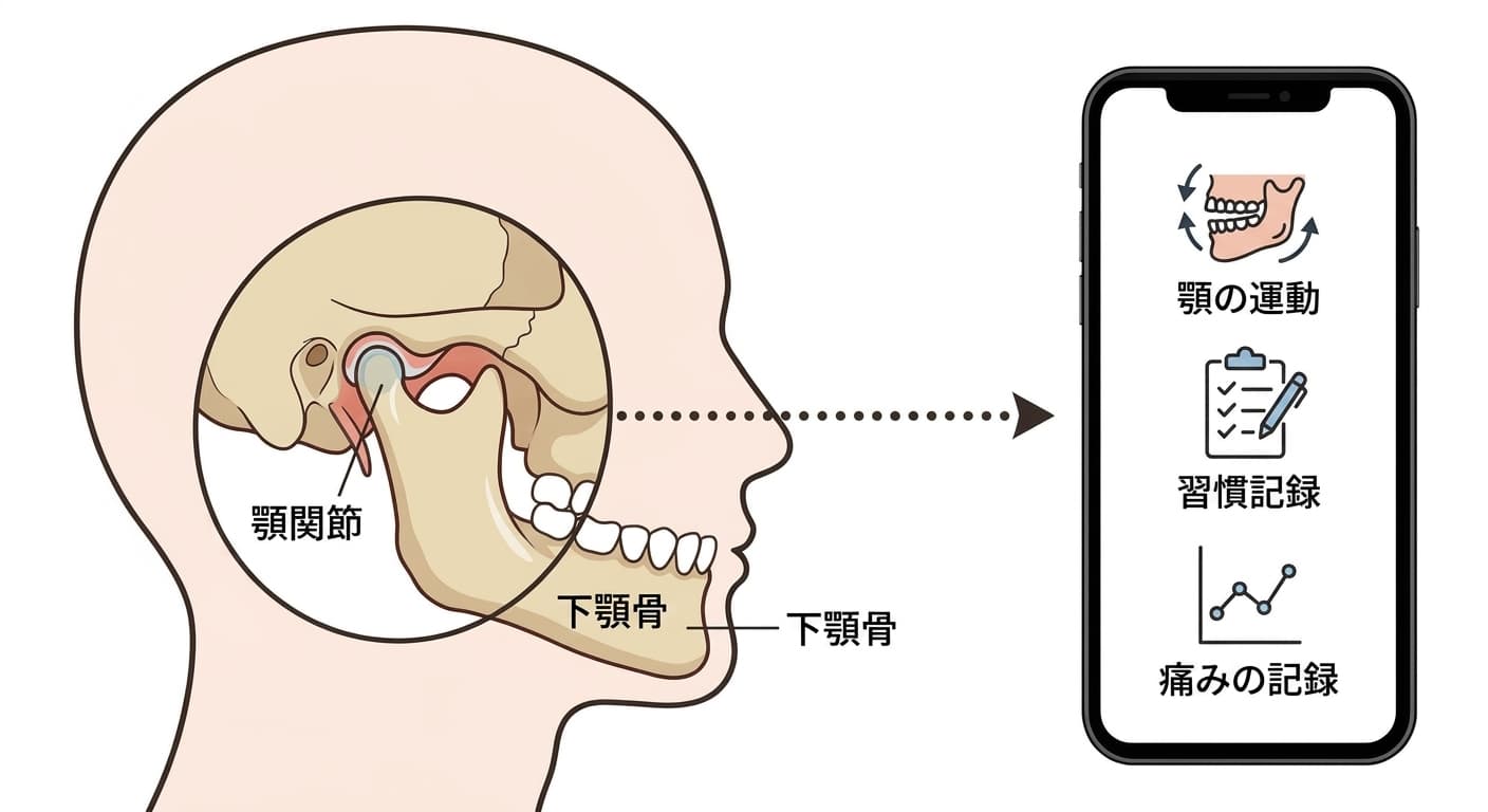 顎関節部位の拡大図と、顎の運動・習慣記録・痛みの記録機能を収めたスマートフォンアプリ画面
