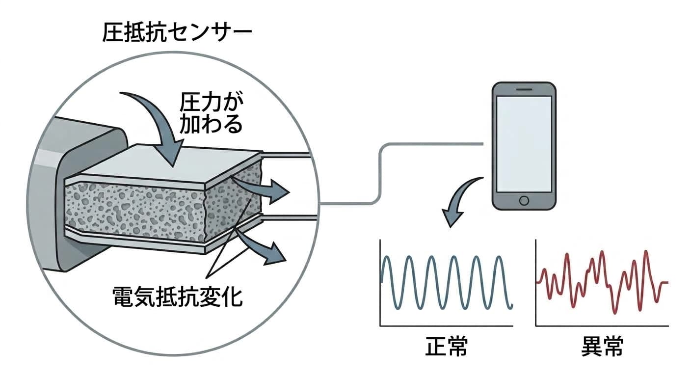 圧抵抗センサー素材が押されて電気抵抗が変化し、その信号が正常な動きと異常な動きで異なる波形に分かれる過程