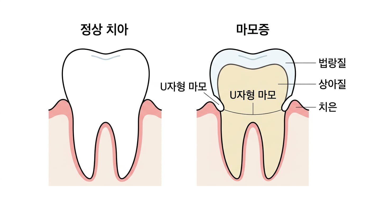 정상 치아와 마모증 치아의 단면 비교. 마모증 치아는 치경부가 U자 모양으로 얕게 파여 있다