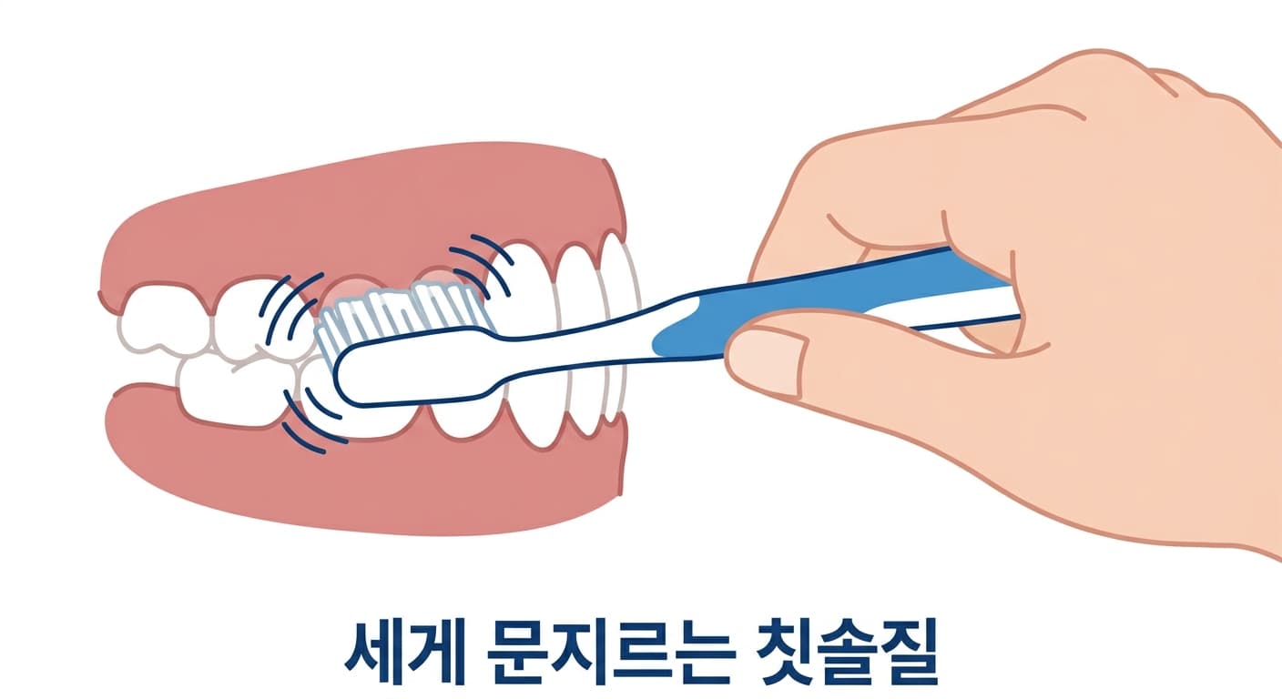 세게 문지르는 칫솔질로 치아 목 부분에 반복적인 마찰이 가해지는 모습