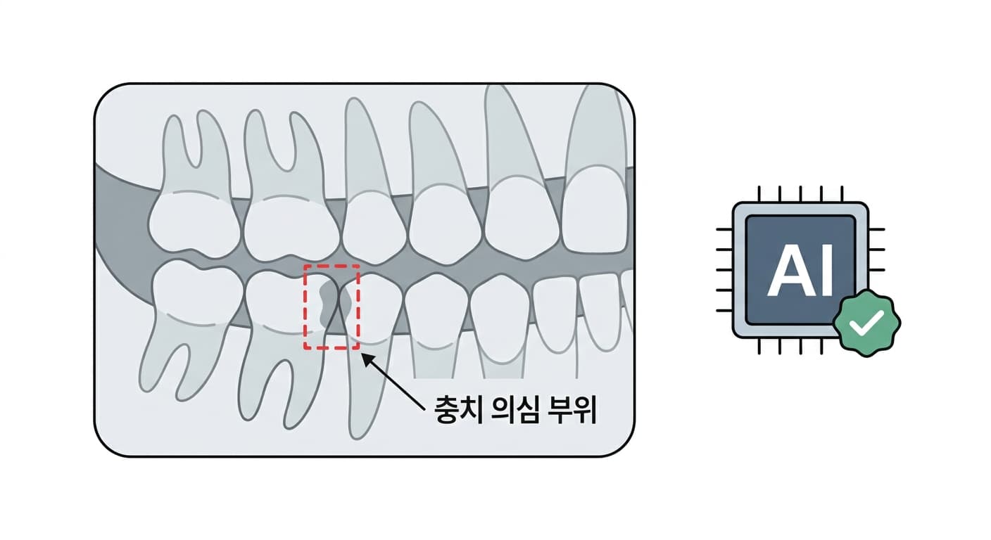 치과 엑스레이 사진에서 AI가 충치 의심 부위를 표시하는 개념도