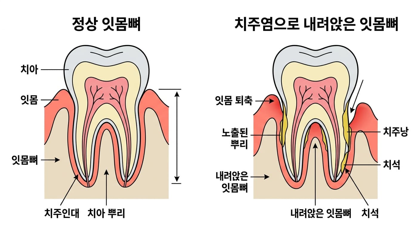 정상 잇몸뼈와 치주염으로 내려앉은 잇몸뼈를 나란히 비교한 치아 단면도