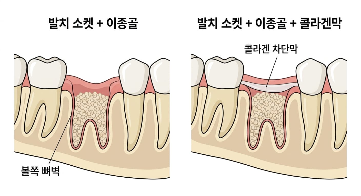 발치 자리에 이종골 입자만 채운 경우와 이종골 위에 콜라겐 차단막을 덮은 경우를 나란히 보여주는 치아 발치 소켓 단면도
