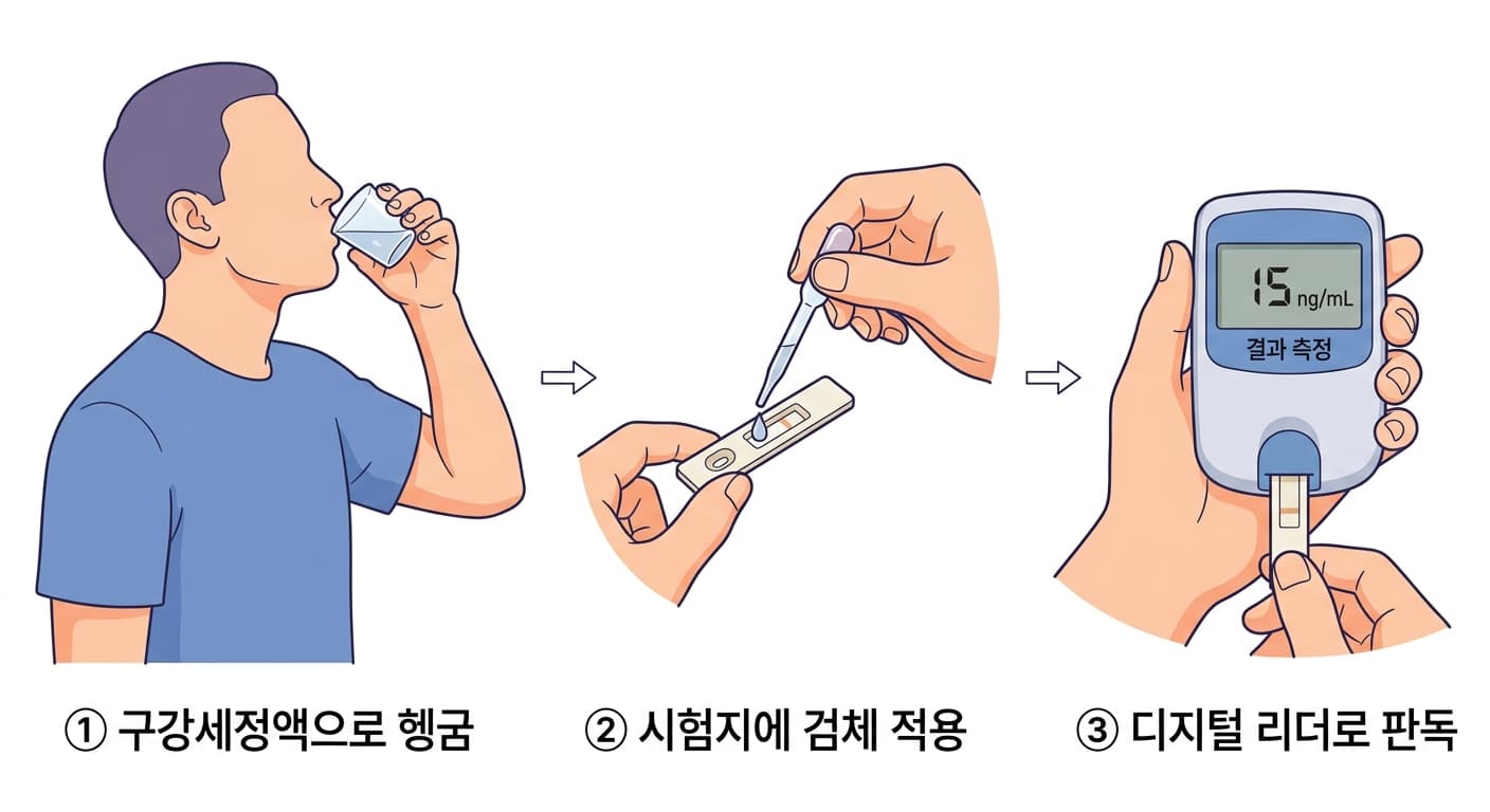구강세정액으로 입을 헹구고 시험지에 검체를 적용한 뒤 디지털 리더로 농도를 판독하는 3단계 검사 과정