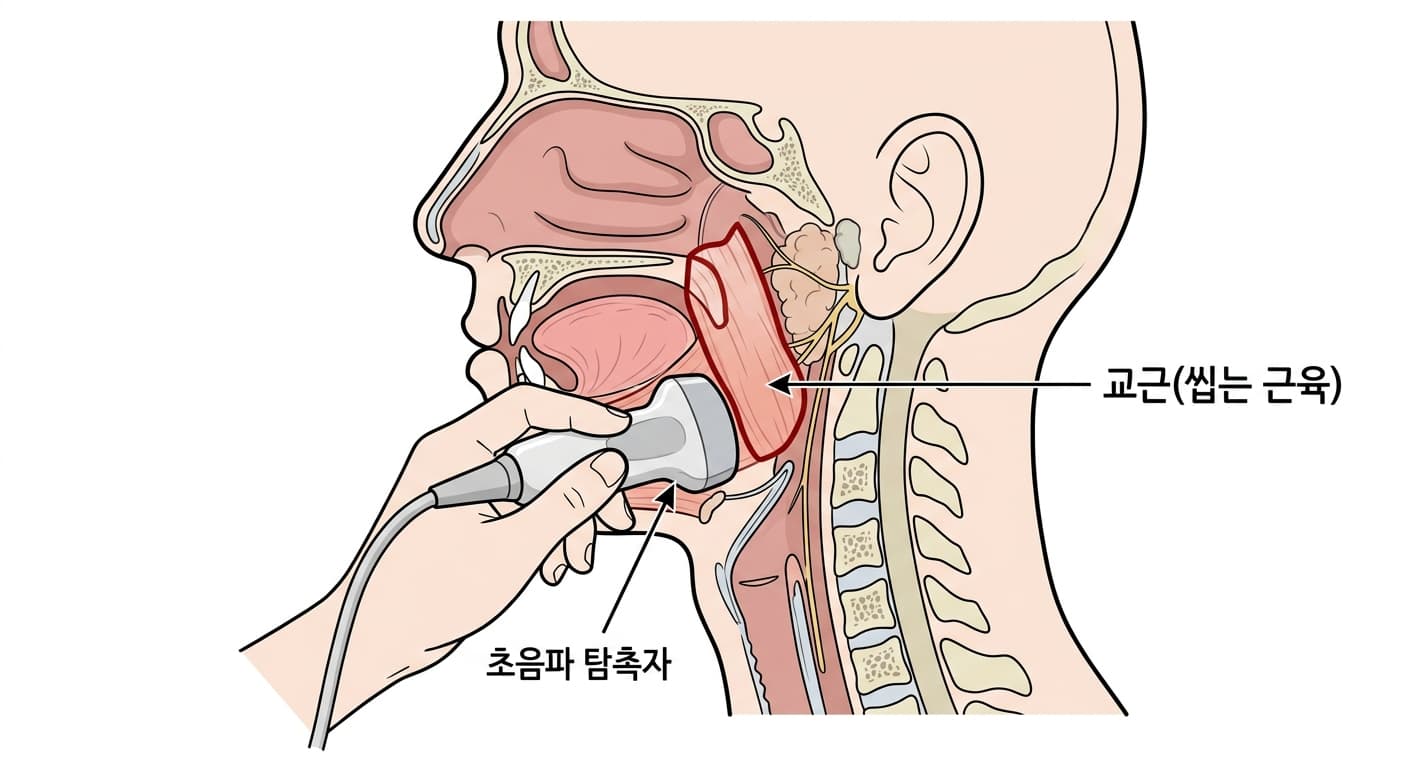 교근의 위치와 초음파 탐촉자로 두께를 재는 부위를 보여주는 해부 도해