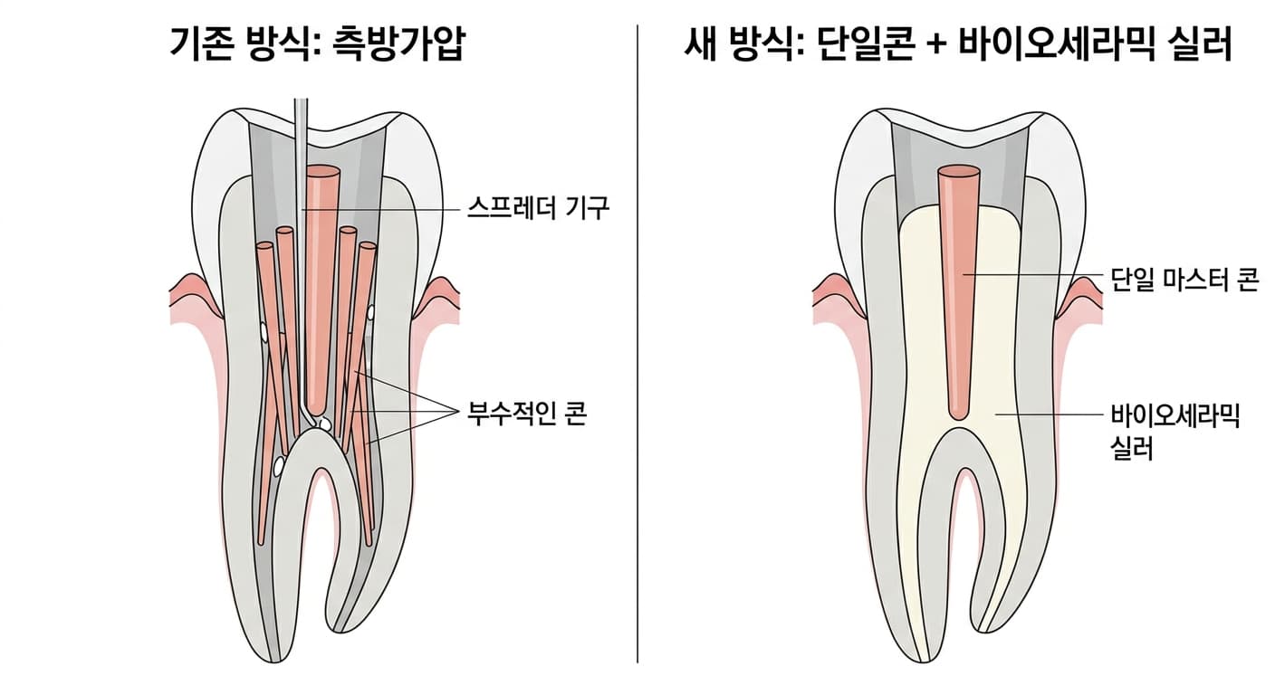 근관을 채우는 두 가지 방식 비교. 왼쪽은 여러 개의 보조 콘을 스프레더로 다져 넣는 기존 측방가압 기법, 오른쪽은 콘 하나와 흐름성 있는 바이오세라믹 실러로 빈틈을 채우는 새 방식을 보여준다.