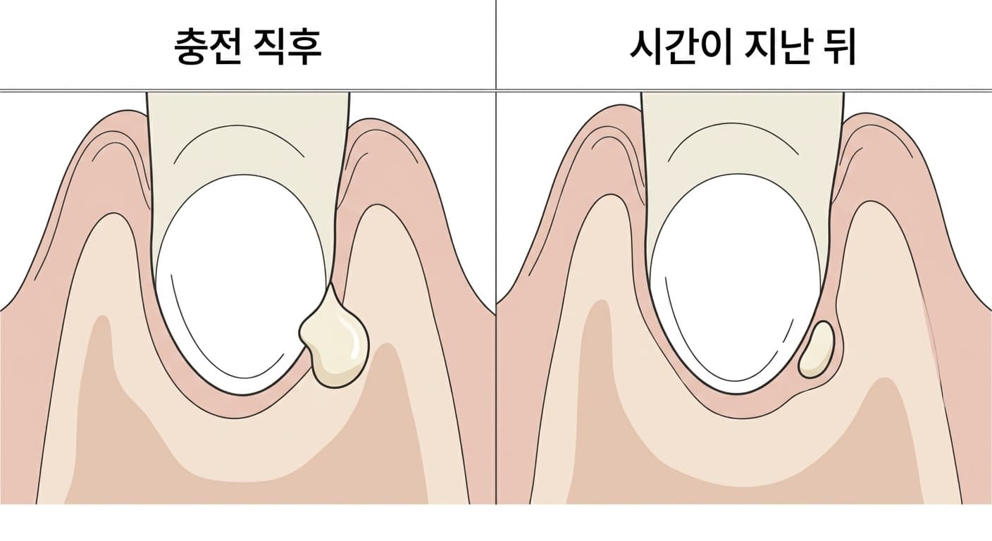 뿌리 끝 밖으로 새어 나온 바이오세라믹 실러가 시간이 지나며 크기가 줄어드는 모습을 보여주는 도식.