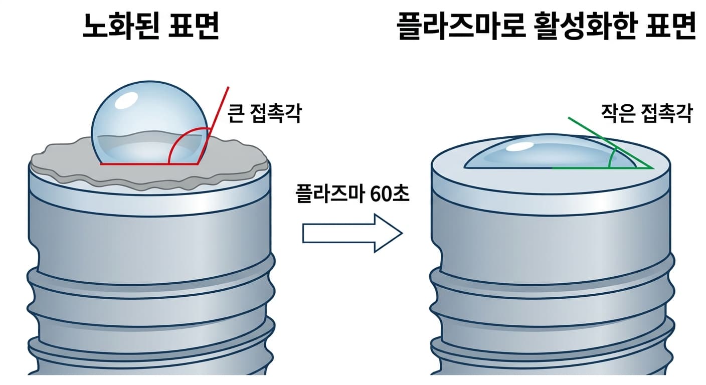 임플란트 표면에 콜드플라즈마를 60초간 쬐면 물방울이 맺히는 각도가 크게 줄어드는 모습을 보여주는 삽화. 왼쪽은 탄화수소가 쌓여 물방울이 둥글게 맺힌 노화된 표면, 오른쪽은 플라즈마 처리 후 물방울이 넓게 퍼진 표면이다.