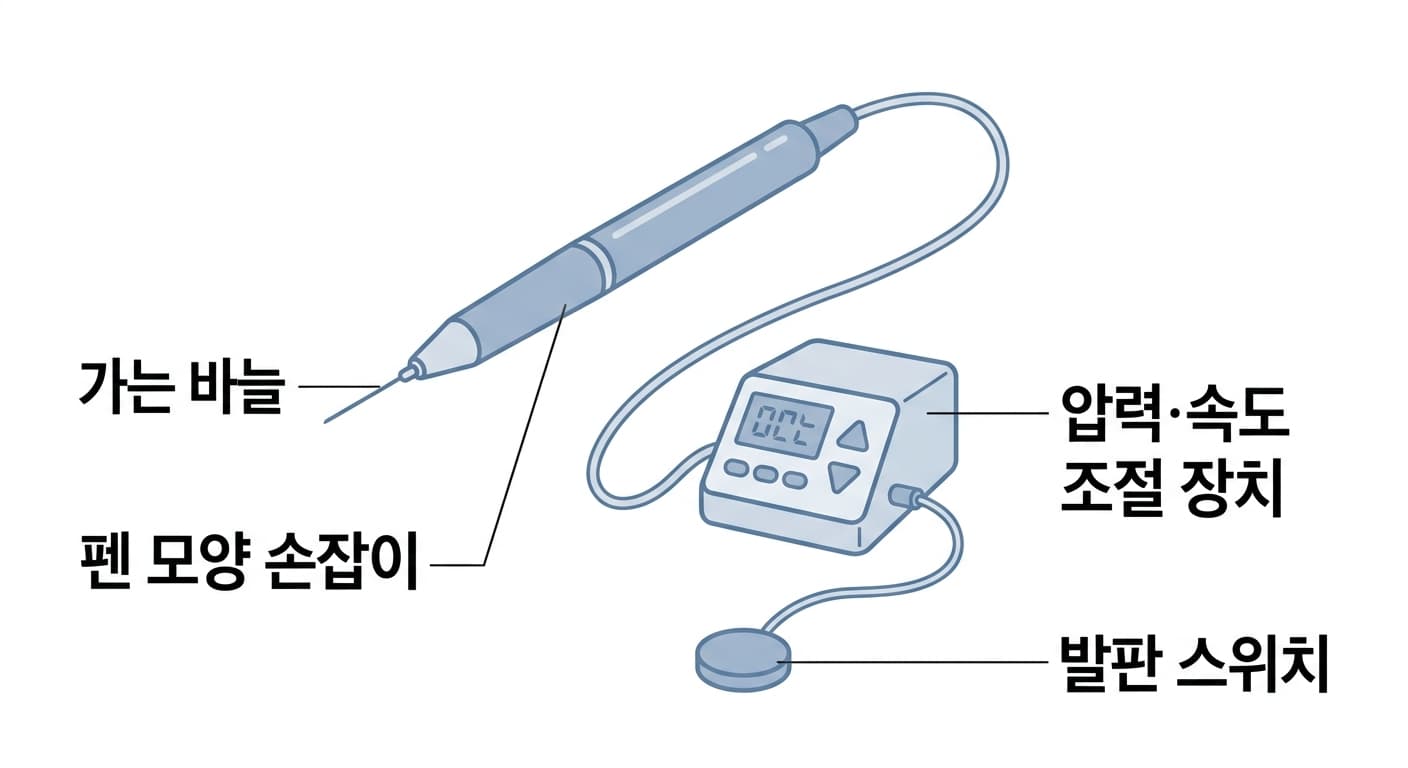 펜 모양 손잡이와 가는 바늘 그리고 압력·속도 조절 장치와 발판 스위치로 이루어진 컴퓨터 제어 마취 장치의 구성을 보여주는 그림