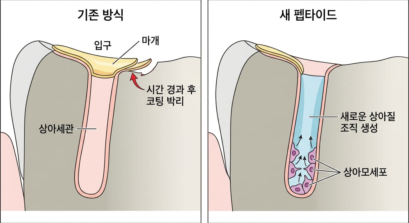 상아세관 입구를 막는 코팅이 시간이 지나 벗겨지는 기존 방식과 상아모세포가 다시 활성화돼 상아세관 안쪽부터 새 상아질을 채우는 펩타이드 방식을 나란히 비교한 그림