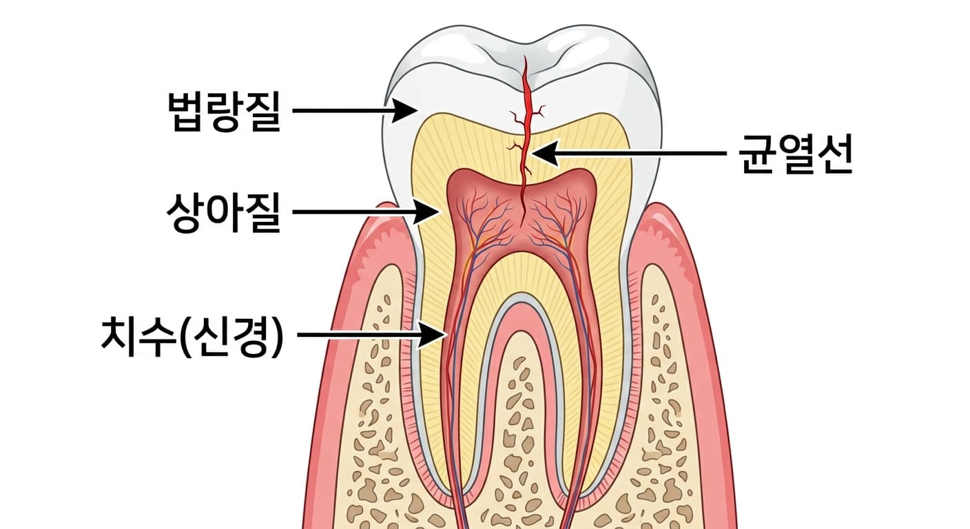 어금니 단면에서 씹는 면부터 신경까지 이어지는 균열선을 표시한 그림
