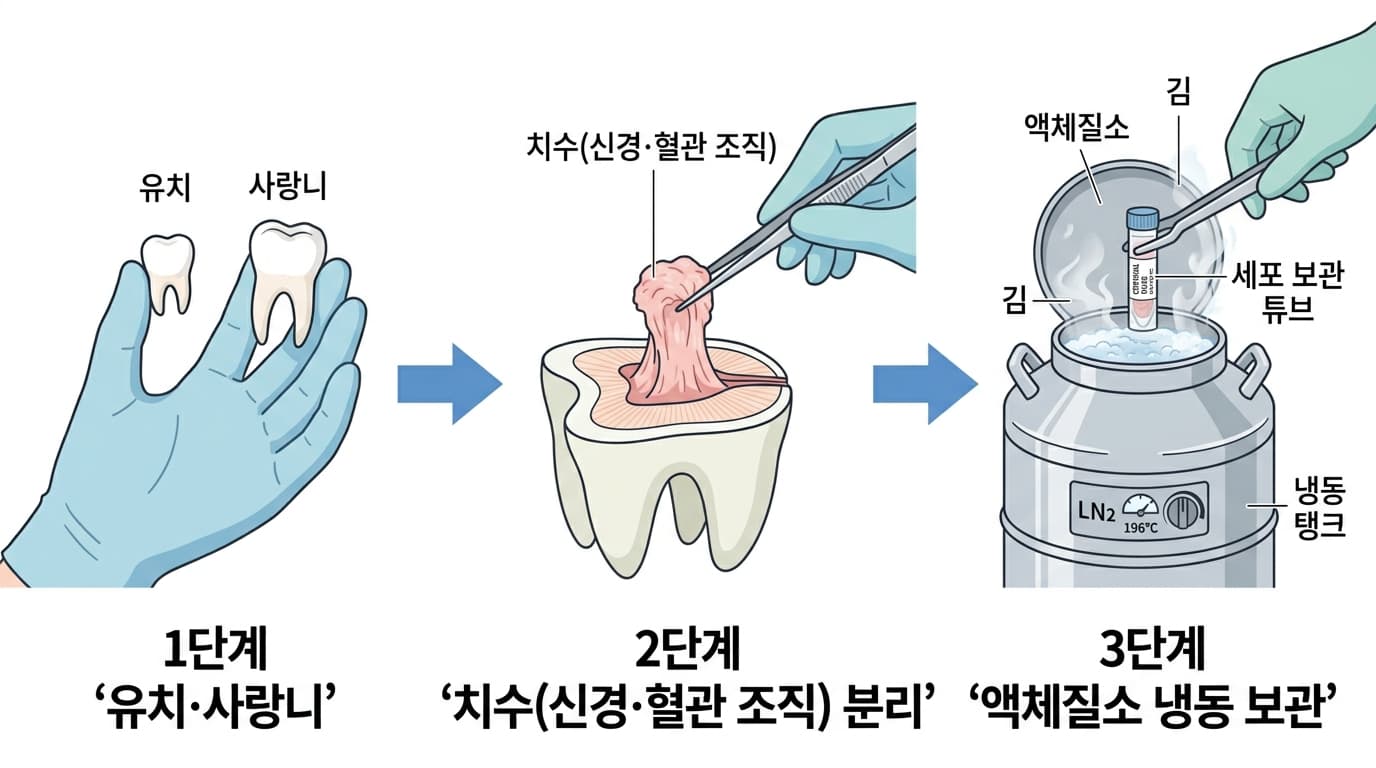 유치나 사랑니에서 치수 조직을 분리해 세포 보관 튜브에 담고 액체질소 냉동 탱크에 넣기까지 3단계 과정을 나타낸 그림
