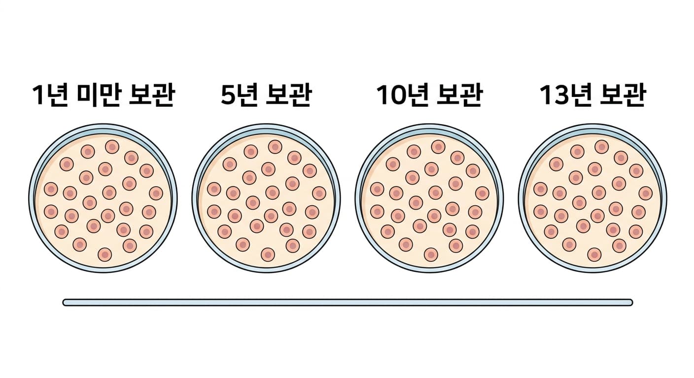 1년 미만, 5년, 10년, 13년 얼렸다 녹인 치아 줄기세포를 배양 접시에 나란히 놓고 비교한 그림. 네 접시 모두 세포 밀도가 비슷하게 그려져 있다
