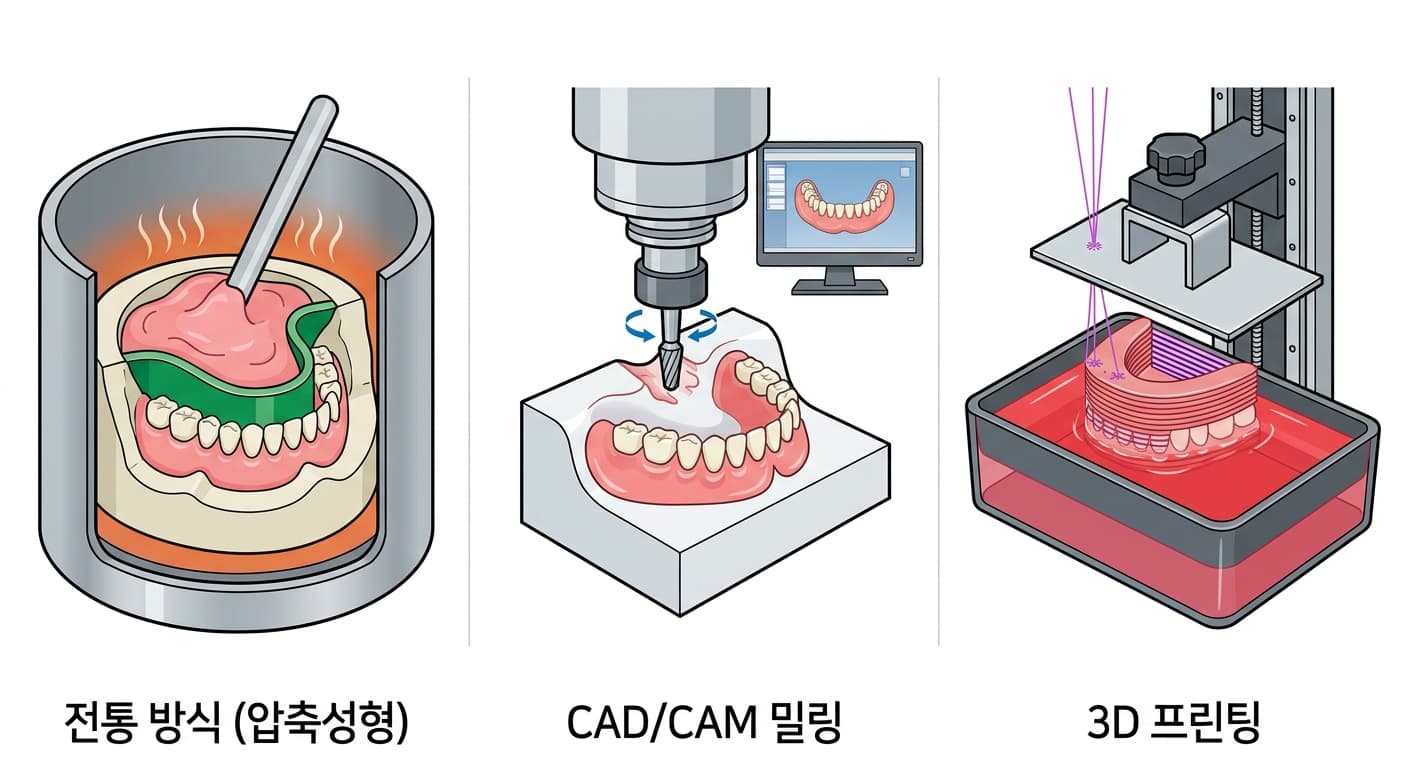 틀니를 만드는 세 가지 방법인 전통 압축성형, CAD/CAM 밀링, 3D프린팅의 제작 과정을 나란히 보여주는 그림