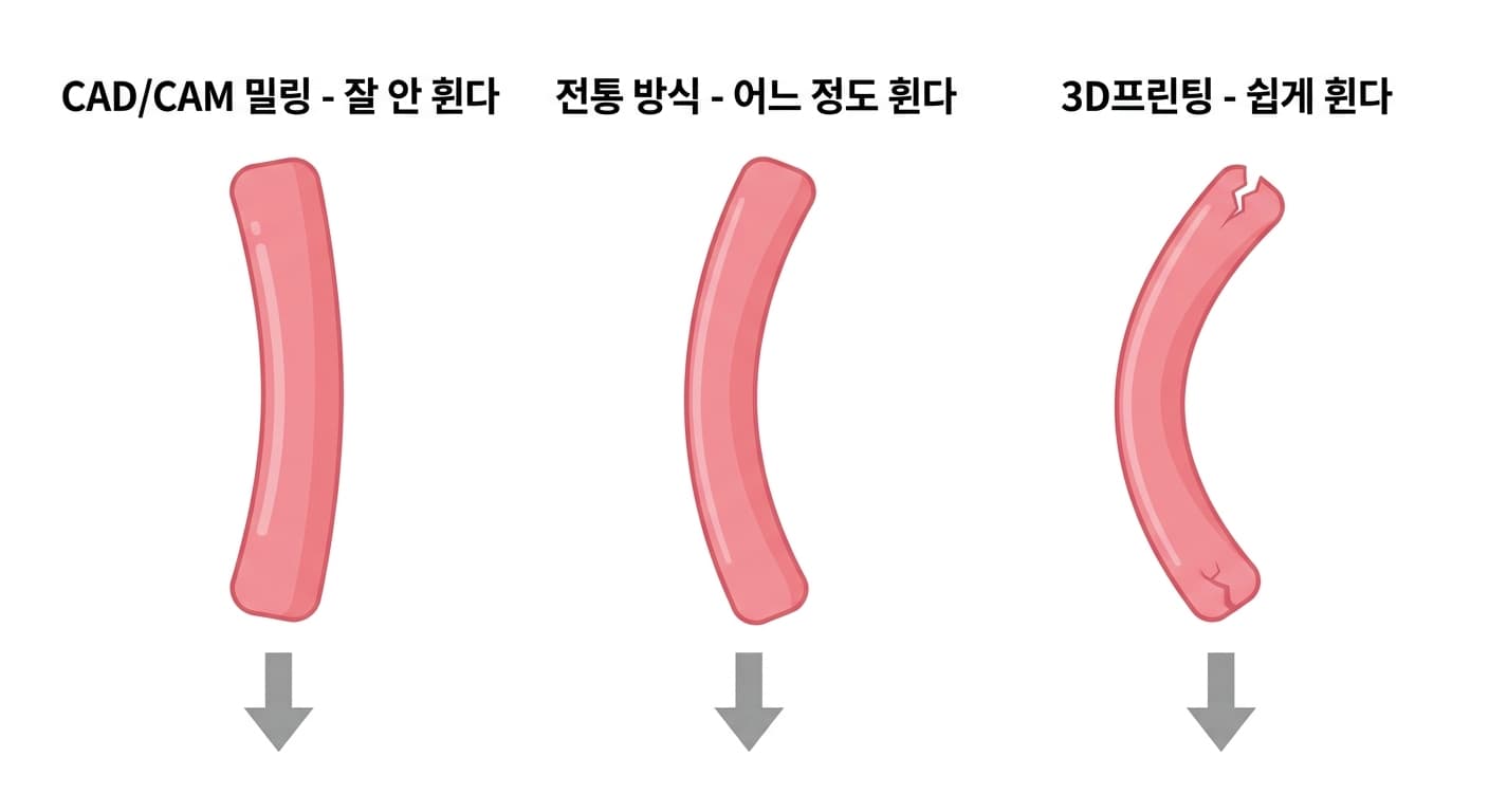 CAD/CAM 밀링, 전통 방식, 3D프린팅으로 만든 틀니가 씹는 힘을 받아 휘어지는 정도를 개념적으로 비교한 그림
