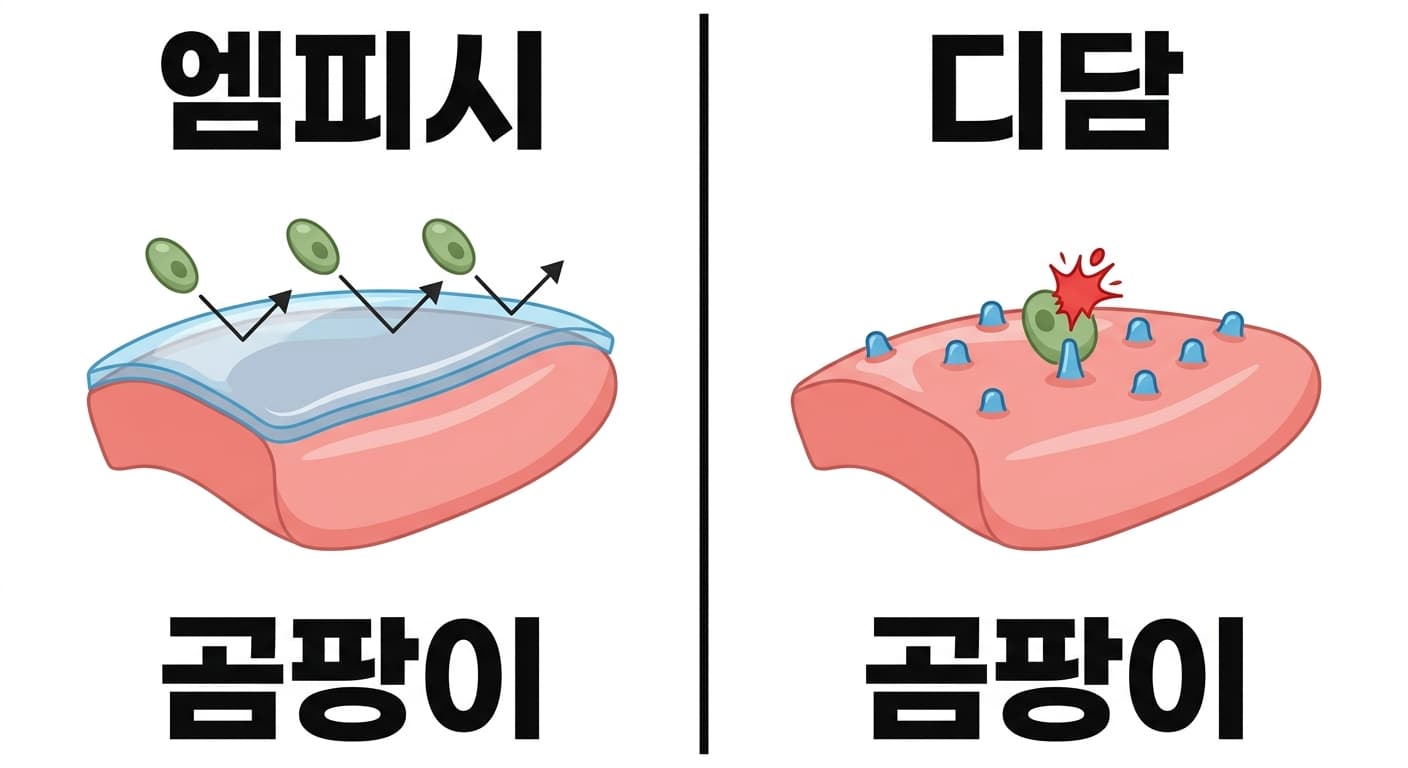 물 막으로 곰팡이를 미끄러뜨리는 엠피시와 접촉해 죽이는 디담의 작동 방식을 나란히 보여주는 그림