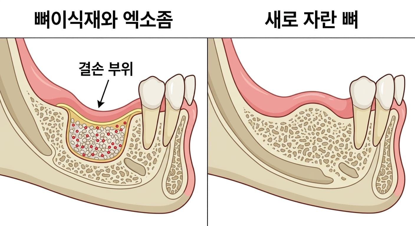 턱뼈 결손 부위에 뼈이식재와 엑소좀을 채워 넣은 모습과, 몇 달 뒤 그 자리에 새 뼈가 차오른 모습을 나란히 비교한 단면도