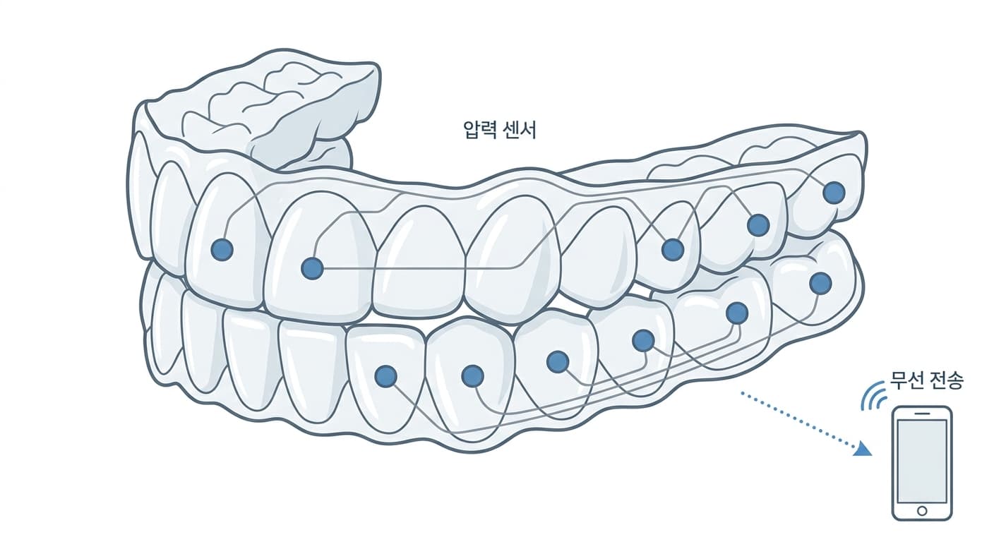 투명 교정장치 표면 여러 지점에 심어진 압력 센서와 그 신호가 스마트폰으로 무선 전송되는 모습을 보여주는 개념도