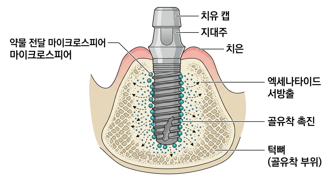 임플란트 표면에 붙인 약물 전달 마이크로스피어가 엑세나타이드를 서서히 방출해 주변 턱뼈의 골유착을 촉진하는 모습